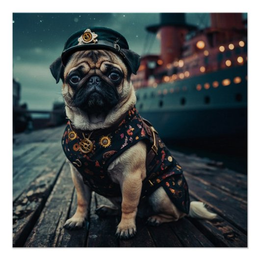 Steampunk Pug Shipmaster Portret Perfect Poster (Voorkant)
