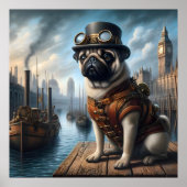Steampunk Pug Surreal Art Old London Docks Poster (Voorkant)