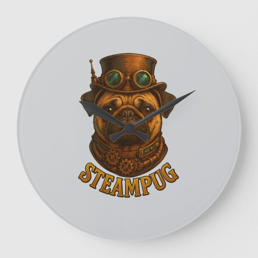 Steampunk Pug Wall Clock - vintage "Steampug" Grote Klok (Voorkant)