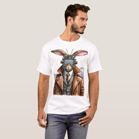 Steampunk Rabbit Man Met een tv op Zijn Hoofd T-shirt (Voorkant volledig)