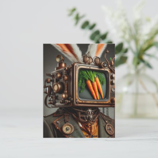 Steampunk RabbitMan Met Een TV-Hoofd die Wortelen  Briefkaart (Staand voorkant)