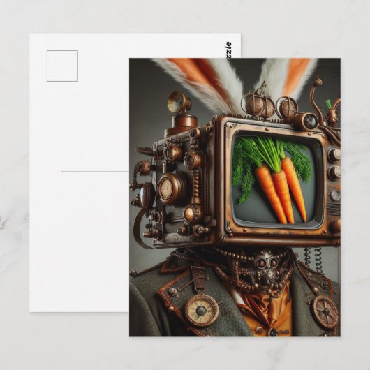 Steampunk RabbitMan Met Een TV-Hoofd die Wortelen Briefkaart (Voorkant / Achterkant)