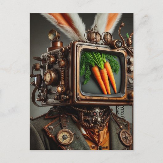 Steampunk RabbitMan Met Een TV-Hoofd die Wortelen  Briefkaart (Voorkant)