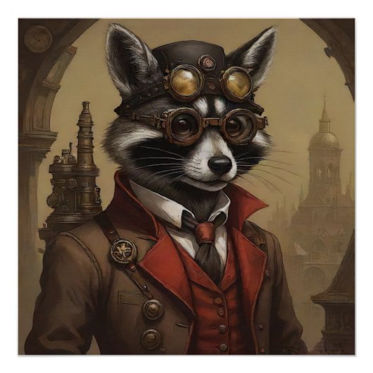 Steampunk Raccoon Artistiek Portret Perfect Poster (Voorkant)