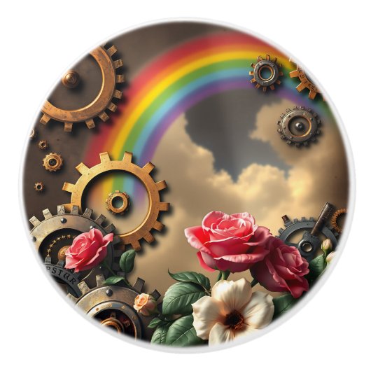 Steampunk Rainbow, Roses and Metal Gears Keramische Knop (Voorkant)