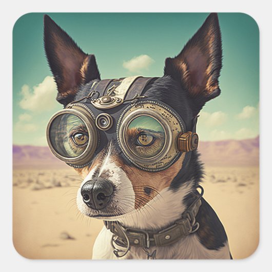 Steampunk Rat Terrier Dog in woestijn Vierkante Sticker (Voorkant)