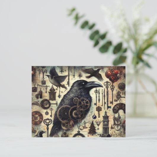 Steampunk Raven Poe Collage Briefkaart (Staand voorkant)