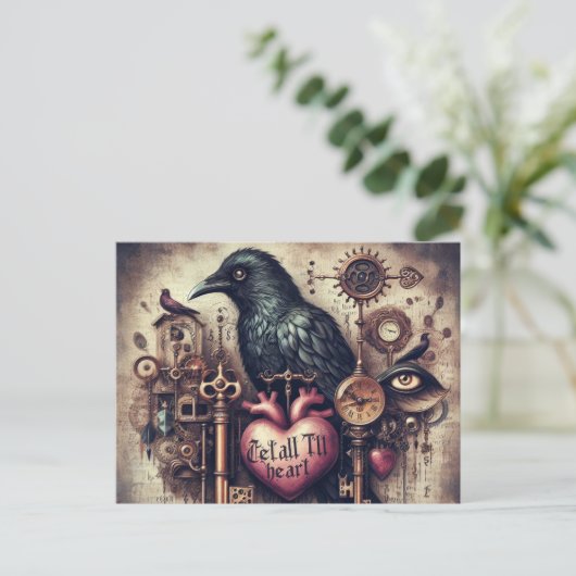 Steampunk Raven Tell Heart Collage Briefkaart (Staand voorkant)