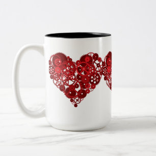 Steampunk Red Gears Heart Tweekleurige Koffiemok
