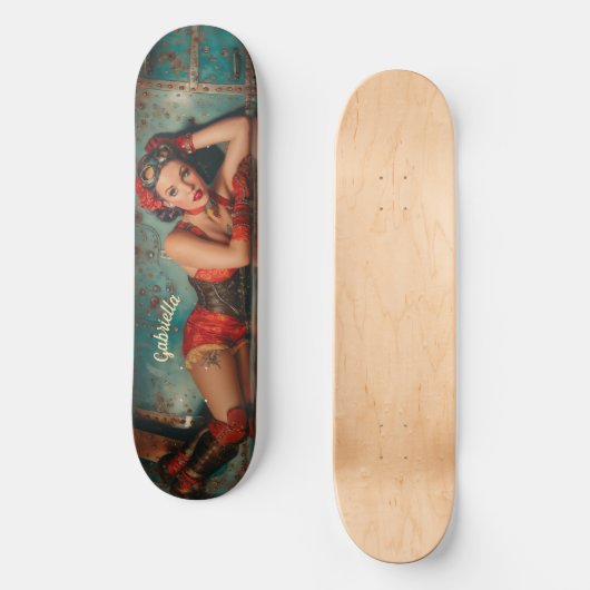 Steampunk retro-futuristische pinup meisje schilde persoonlijk skateboard (Voorkant)