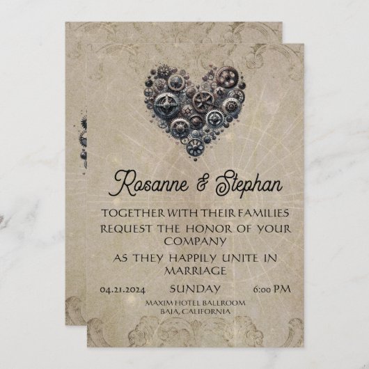 Steampunk Retro Hart van Gears Bruiloft Kaart (Voorkant / Achterkant)