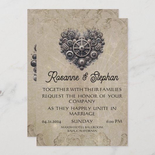 Steampunk Retro Hart van Gears Bruiloft Kaart (Voorkant / Achterkant)