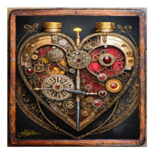 Steampunk Robijnen En Tandwielen Donker Hart  Foto Afdruk