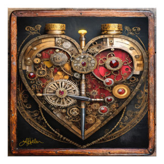 Steampunk Robijnen En Tandwielen Donker Hart Foto Afdruk