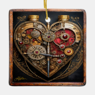 Steampunk Robijnen En Tandwielen Donker Hart Keramisch Ornament