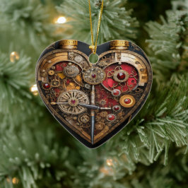 Steampunk Robijnen En Tandwielen Donker Hart  Keramisch Ornament