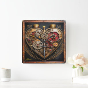 Steampunk Robijnen En Tandwielen Donker Hart Vierkante Klok