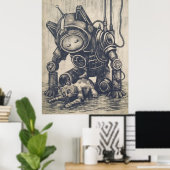 Steampunk Robot Linocut Poster (Thuiskantoor)