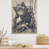 Steampunk Robot Linocut Poster (Keuken)