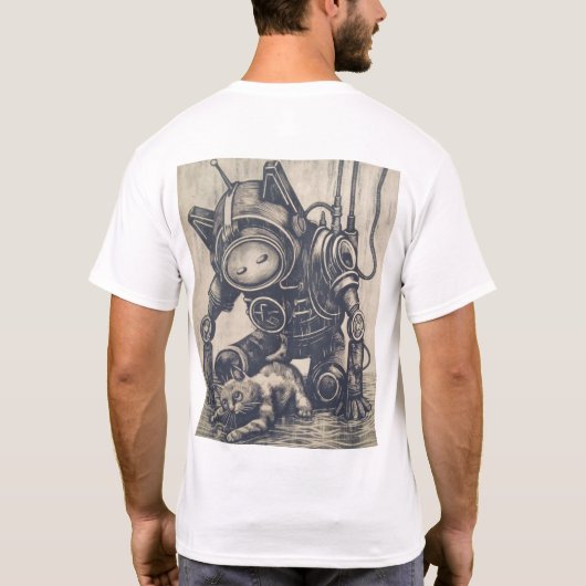 Steampunk Robot Linocut T-shirt (Achterkant)