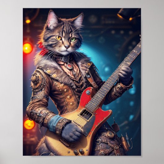 Steampunk rock cat gitaar spelen op een podium - poster (Voorkant)