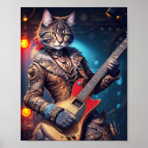 Steampunk rock kat speelt gitaar op een podium - poster