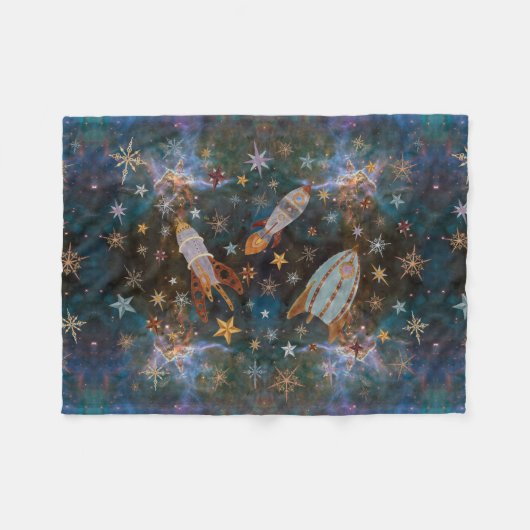 Steampunk Rockets in Emerald Nebula Fleece Deken (Voorkant (Horizontaal))