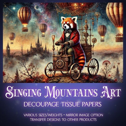 Steampunk Rode Panda Ballonreis Decoupage Tissuepapier