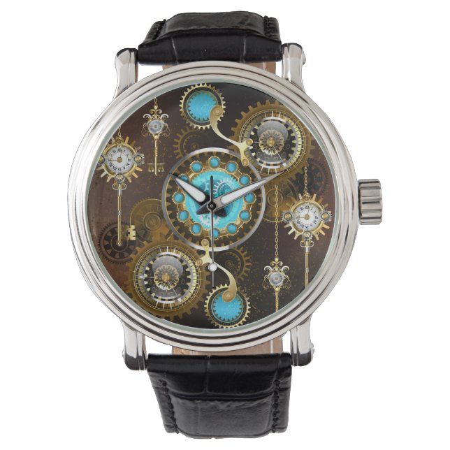 Steampunk roestige achtergrond met turkooizen lenz horloge (Voorkant)