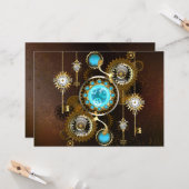 Steampunk roestige achtergrond met turkooizen lenz kaart (Voorkant / Achterkant in situ)