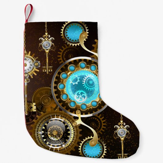Steampunk roestige achtergrond met turkooizen lenz kleine kerstsok (Voorkant)