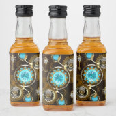 Steampunk roestige achtergrond met turkooizen lenz likeurfles etiket (Flessen)