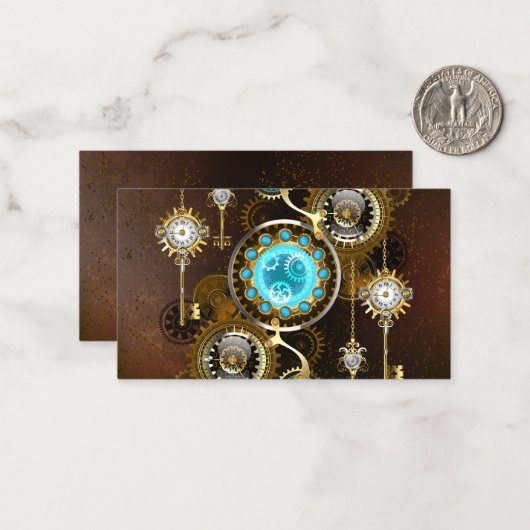 Steampunk roestige achtergrond met turkooizen lenz notitiekaartje (Voorkant / Achterkant in situ)