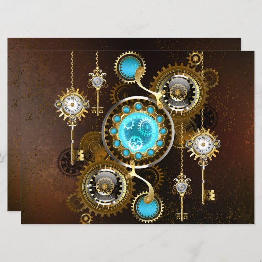 Steampunk roestige achtergrond met turkooizen lenz programmakaart (Voorkant / Achterkant)