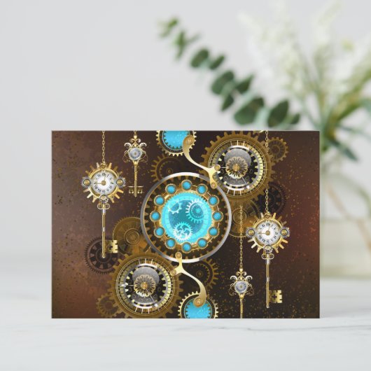 Steampunk roestige achtergrond met turkooizen lenz RSVP kaartje (Staand voorkant)