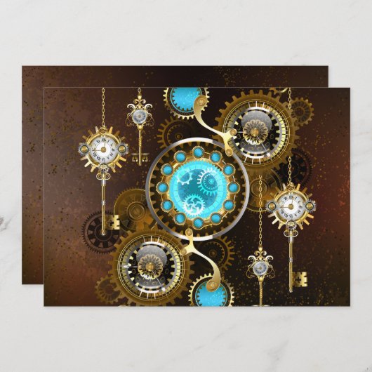 Steampunk roestige achtergrond met turkooizen lenz save the date (Voorkant / Achterkant)