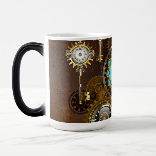Steampunk roestige achtergrond met turquoise glaze magische mok (Links)