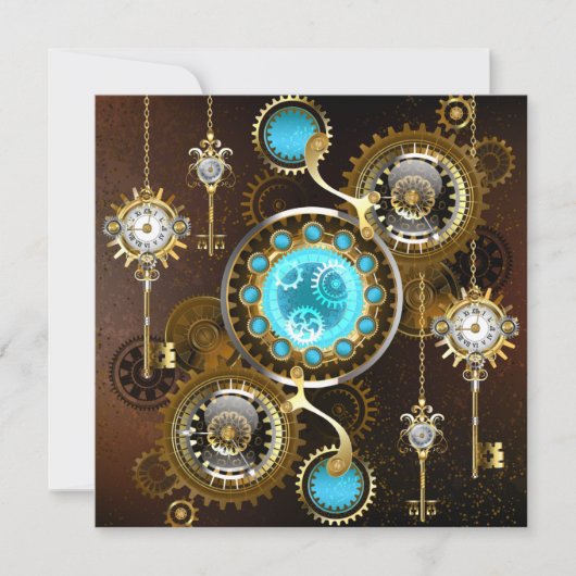 Steampunk roestige achtergrond met turquoise lenze aankondiging (Voorkant)