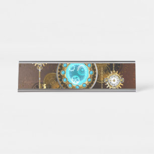 Steampunk Roestige Achtergrond met Turquoise Lenze Bureau Naambordje