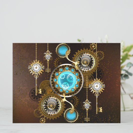 Steampunk Roestige Achtergrond met Turquoise Lenze Feestdagenkaart (Staand voorkant)