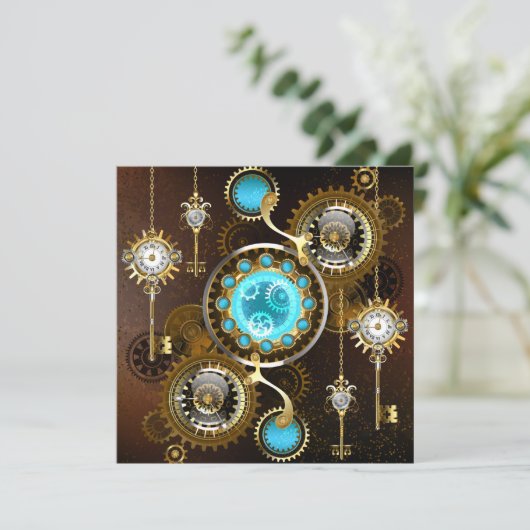 Steampunk Roestige Achtergrond met Turquoise Lenze Feestdagenkaart (Staand voorkant)
