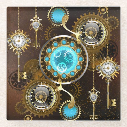 Steampunk Roestige Achtergrond met Turquoise Lenze Glazen Onderzetter (Voorkant)