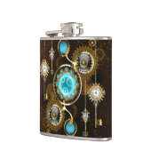 Steampunk Roestige Achtergrond met Turquoise Lenze Heupfles (Links)