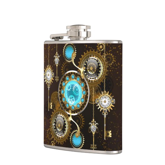 Steampunk Roestige Achtergrond met Turquoise Lenze Heupfles (Links)