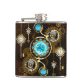 Steampunk Roestige Achtergrond met Turquoise Lenze Heupfles (Voorkant)