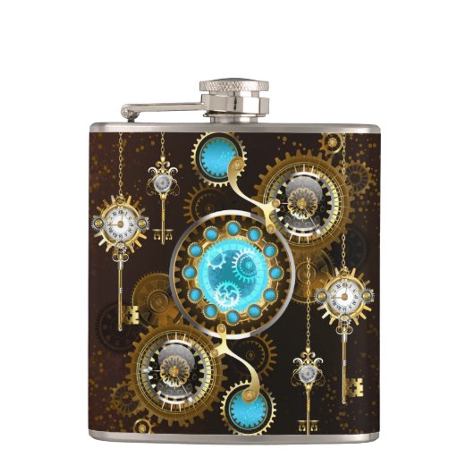 Steampunk Roestige Achtergrond met Turquoise Lenze Heupfles (Voorkant)