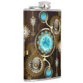 Steampunk Roestige Achtergrond met Turquoise Lenze Heupfles (Rechts)