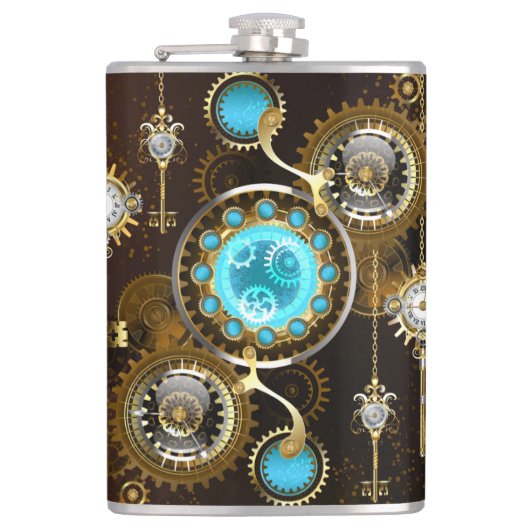 Steampunk Roestige Achtergrond met Turquoise Lenze Heupfles (Voorkant)
