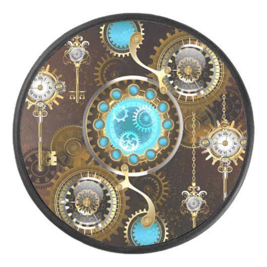 Steampunk Roestige Achtergrond met Turquoise Lenze Hockey Puck (Voorkant)