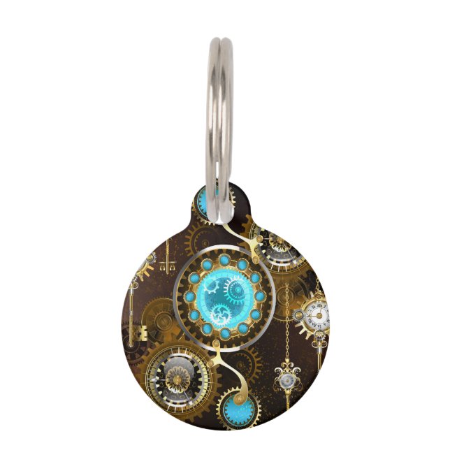 Steampunk Roestige Achtergrond met Turquoise Lenze Huisdierpenning (Voorkant)